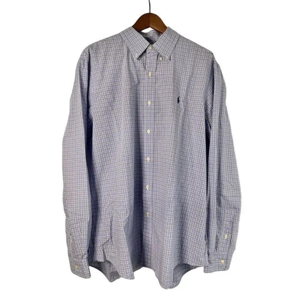 Ralph Lauren Blue Plaid Cotton‎ Stretch Button-Down Dress Shirt XL